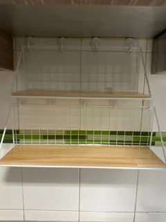 Customer photo of Wall Mounted Spice Rack, Steel Wire Grid Shelf with Wood Base