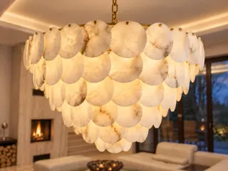 Customer photo of Alabaster Hanging Light, Tiered Alabaster Chandelier with Natural Stone Discs, 3–6 Tiers, 23.6–43.3 in