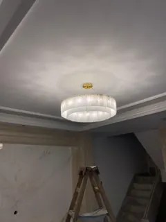 Customer photo of Round Alabaster Chandelier, Two-Tier Natural Stone Panels with Iron Frame for Dining Room or Foyer