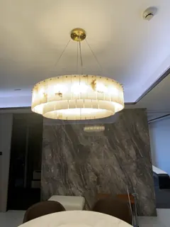 Customer photo of Round Alabaster Chandelier, Two-Tier Natural Stone Panels with Iron Frame for Dining Room or Foyer
