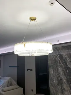 Customer photo of Round Alabaster Chandelier, Two-Tier Natural Stone Panels with Iron Frame for Dining Room or Foyer