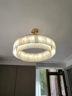 Customer photo of Round Alabaster Chandelier, Two-Tier Natural Stone Panels with Iron Frame for Dining Room or Foyer