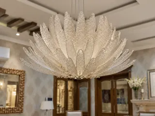 Customer photo of Modern Chandelier for Living Room, 32.7-Inch Big Living Room Chandelier with Textured Glass Orchid Petals and Polished Stainless Steel