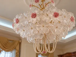 Customer photo of Floral Glass Chandelier, Living Room Chandelier or Sitting Room Chandelier with Blush Ceramic Roses, Antique-Brass-Toned Iron, 2 or 3 Tiers