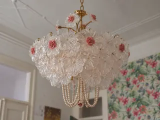 Customer photo of Floral Glass Chandelier, Living Room Chandelier or Sitting Room Chandelier with Blush Ceramic Roses, Antique-Brass-Toned Iron, 2 or 3 Tiers
