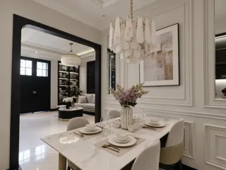 Customer photo of Dining Room Chandelier, Art Deco Style with Tiered Marble Panels, Gold Finish, 7 Lights, 19.7-Inch Diameter