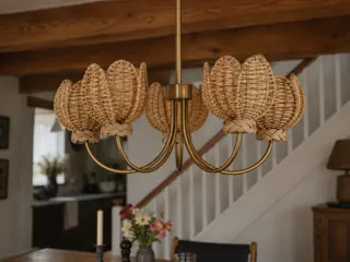 Customer photo of Large Rattan Chandelier, 5-Light with Natural Woven Shades and Antique Brass-Tone Frame for Dining Rooms