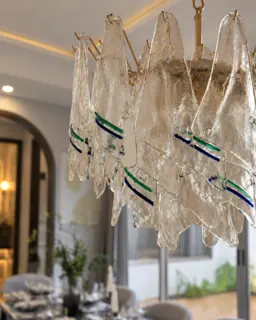 Customer photo of Tiered Glass chandelier,Sculptural Chandelier,Glass Shade Chandelier,Dining Room Light Over Table,Light Fixtures Over Dining Table,Blue Glass Chandelier