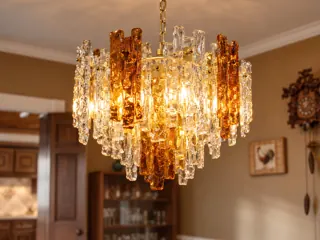 Customer photo of Stained Glass Chandelier or Bubble Chandelier Alternative for Dining Rooms: Textured Clear and Amber Bars, Brass Finish