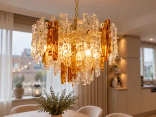 Customer photo of Stained Glass Chandelier or Bubble Chandelier Alternative for Dining Rooms: Textured Clear and Amber Bars, Brass Finish