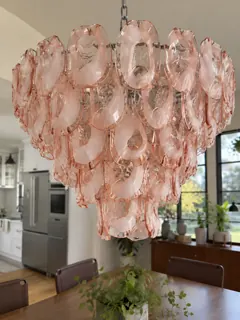 Customer photo of Tiered Glass Chandelier for Dining Rooms, Pink Glass Panel Chandelier with Rippled Glass and Polished Chrome, Sculptural Chandelier