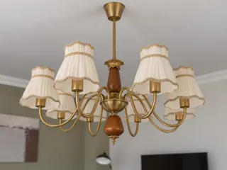 Customer photo of Dining Room Chandelier, Walnut-Toned Wood and Brass Finish with Ivory Fabric Shades, 6 or 8 Lights