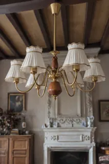 Customer photo of Dining Room Chandelier, Walnut-Toned Wood and Brass Finish with Ivory Fabric Shades, 6 or 8 Lights