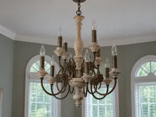 Customer photo of French Country Chandelier, Vintage Wood Chandelier with Iron Arms, Candle-Style Sockets, 6, 8 or 12 Lights for Dining Rooms