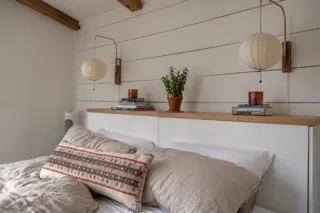 Customer photo of Plug In Wall Sconce, Walnut Wood and Faux-Silk Shade with Pull Chain for Bedroom and Living Room