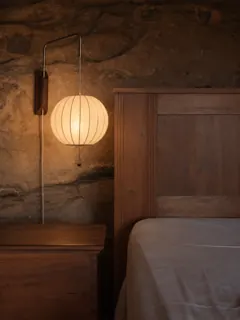 Customer photo of Plug In Wall Sconce, Walnut Wood and Faux-Silk Shade with Pull Chain for Bedroom and Living Room