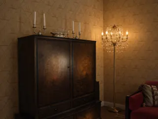 Customer photo of Crystal Chandelier Floor Lamp, 6-Light Candelabra Floor Lamp with Glass Arms and Crystal Drops, Antique Brass, Plug-In for Living Rooms