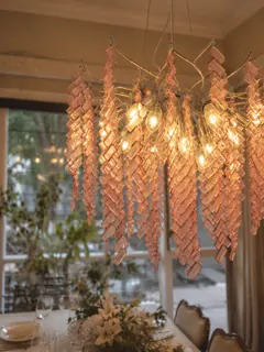 Customer photo of Pink Chandelier Light, 22.8-Inch Acrylic Prism Fringe with Chrome Frame for Dining Rooms and Bedrooms