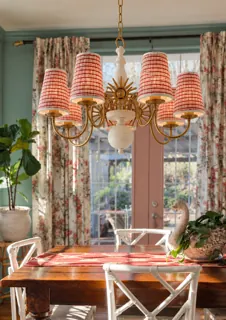 Customer photo of Dining Room Chandelier with Red Striped Fabric Shades, Antique Brass-Tone Finish, 3-, 5- or 7-Light Options