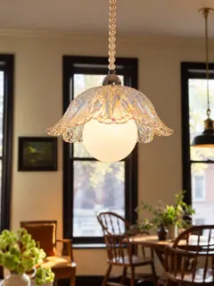 Customer photo of Mini Pendant Light, Iridescent Glass Pendant Lamp with Pearl-Like Chain for Bedroom, Hanging Bedside Lights