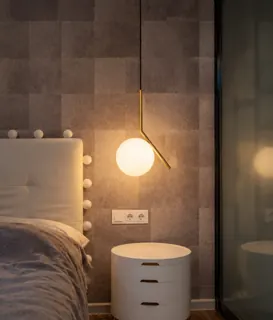 Customer photo of Globe Pendant Light Fixture, Brushed Brass and Glass Pendant, Frosted Opal Glass Globe Hanging Light for Bedside, 20 x 47 cm
