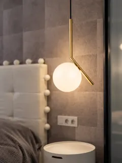 Customer photo of Globe Pendant Light Fixture, Brushed Brass and Glass Pendant, Frosted Opal Glass Globe Hanging Light for Bedside, 20 x 47 cm