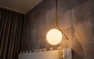 Customer photo of Globe Pendant Light Fixture, Brushed Brass and Glass Pendant, Frosted Opal Glass Globe Hanging Light for Bedside, 20 x 47 cm
