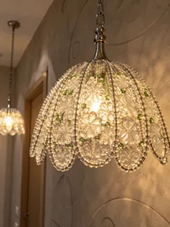 Customer photo of Glass Hanging Lights for Bedroom or Entryway, 8.3-Inch Purple Glass Pendant Lamp with Petals and Crystal Accents