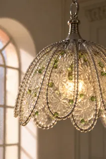Customer photo of Glass Hanging Lights for Bedroom or Entryway, 8.3-Inch Purple Glass Pendant Lamp with Petals and Crystal Accents