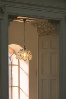 Customer photo of Glass Hanging Lights for Bedroom or Entryway, 8.3-Inch Purple Glass Pendant Lamp with Petals and Crystal Accents